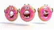 Three animated donut characters, lively facial expressions and colorful sprinkles on a plain background. Donut has unique features, including eyes and limbs, depicted in various expressive poses.