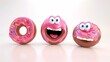 Three animated donut characters, lively facial expressions and colorful sprinkles on a plain background. Donut has unique features, including eyes and limbs, depicted in various expressive poses.