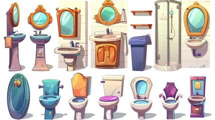 Isolated on white background, cartoon illustration of school toilet interior elements. Includes toilet cubicles, sinks, mirrors, urinals, soap and tissue dispensers, waste bins, hand dryers.