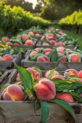 Wall Mural - Sunlit orchard warehouse  ripe peaches in wooden crates, embracing a summer fruit vibe