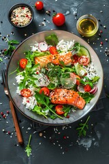 Canvas Print - vegetable salad with salmon top view. Selective focus