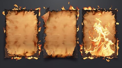Poster - Frames with burn effect on burned paper edges. Yellow flame, black ash and scorched edges of papers or parchment isolated on transparent background, modern realistic set.