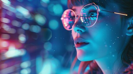 Cyber security concept. Side view of young woman wearing virtual reality goggles while standing against futuristic background.