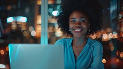 Poster - Stylish blue blouse with afro hair and smiling female businesswoman working on laptop computer late in evening in a big city office.