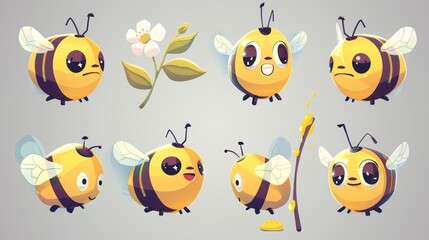 Wall Mural - Cartoon isolated happy and funny bee character with honey, stick and white flower set. Collection of adorable little honeybee insect icon.