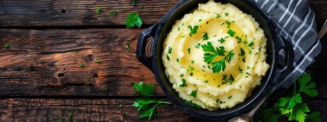 Canvas Print - mashed potatoes with greens on a plate top view. Selective focus