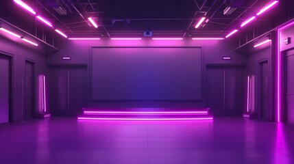 Poster - Neon room with led light stage modern background. Dark abstract studio with night scene. Empty television hall for dance party. 3D purple showroom interior for casino games.