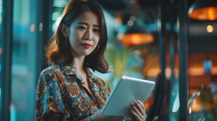 Poster - An Asian manager in a stylish dress uses a tablet computer to work on financial, marketing, and business projects in a diverse, modern office.