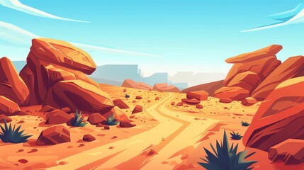 Wall Mural - Animated desert landscape modern cartoon background illustration. Canyon near highway in sand valley in West Arizona. Africa scenery with boulder formations and hill roadtrips.