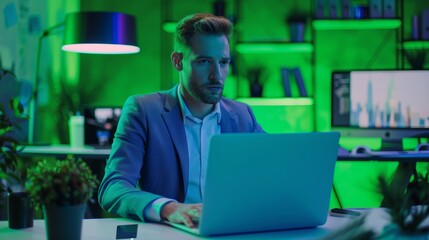 Poster - Businessman working on a laptop at a desk in a green screen office. White Man working on an e-commerce analysis using big data.
