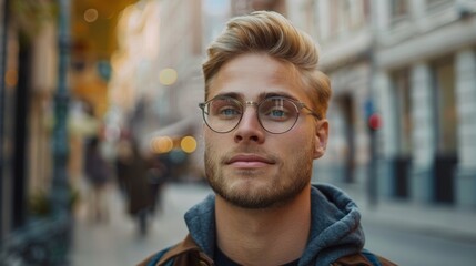 Wall Mural - Handsome, blond digital entrepreneur standing on street, looking at camera and smiling. He is considering e-Business Ideas or e-Commerce Investment Strategies.