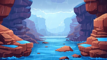 Wall Mural - An ancient cave looks out over a grey sky after heavy rain pours over a river in a rocky canyon. Modern cartoon illustration of mountain valley, water flowing between dangerous stone cliffs, flooding