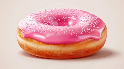 An isolated modern illustration of a realistic pink donut on a transparent background. Glaze on food dessert for breakfast or part of your meal. A cake with frosting for a birthday.