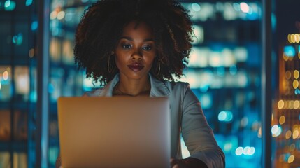 Poster - Black woman working in a big city office late at night on a laptop computer. Female Executive Director managing digital e-commerce project, conducting financial analysis.