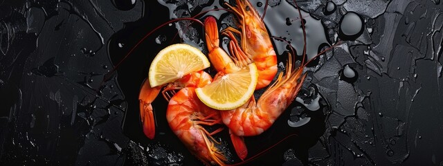 Wall Mural - ready shrimps with lemon on a plate top view. selective focus