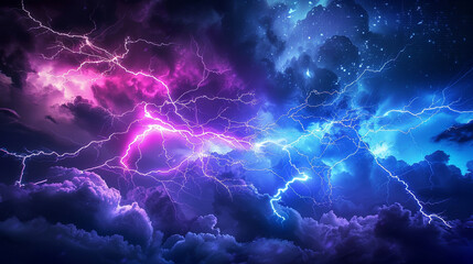 Wall Mural - An electric storm in digital space, with bolts of lightning arcing across a dark, cloud-filled sky. The lightning is ed in vivid, neon colors, representing