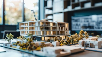 Poster - Conference Meeting Featuring Senior Architect Presenting Building Construction to Designers, Developers and Investors. TV with 3D Model of Sustainable Housing Project.