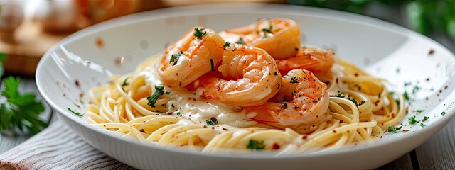 Wall Mural - close up of spaghetti with shrimps. selective focus