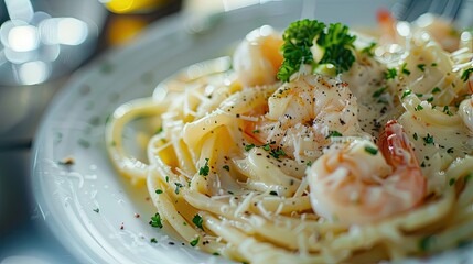 Canvas Print - close up of spaghetti with shrimps. selective focus