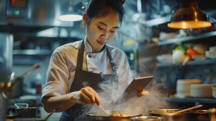 An Asian female chef prepares gourmet organic dishes in a world-famous restaurant using a digital tablet computer.