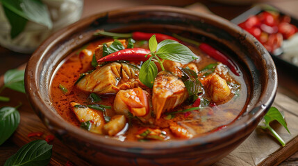 Wall Mural - a bowl of Gaeng Som (Thai sour curry) served in a clay pot on a wooden table, filled with tangy tamarind broth, fish, vegetables, and aromatic herbs, offering a refreshing 