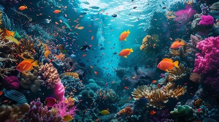 Canvas Print - Underwater view of a coral reef with many colorful fish.