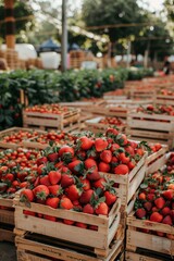 Wall Mural - Rustic setting  juicy strawberries in wooden crates at warehouse with soft natural light for food ad