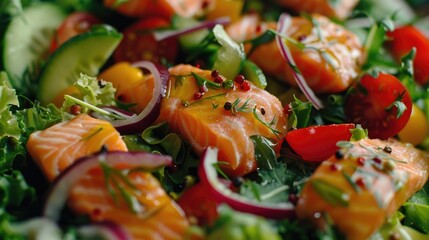 Sticker - salad, fresh vegetables and salmon fillet. selective focus