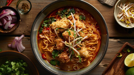 Wall Mural - a bowl of Khao Soi (Northern Thai curry noodle soup) served in a ceramic bowl on a wooden surface, topped with crispy fried noodles, tender chicken, pickled mustard greens, and shallots.