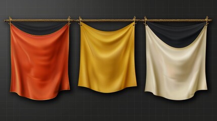 Poster - A realistic collection of fabric banners hanging from ropes on a transparent background, with a blank background for text. A modern illustration of horizontal poster mockups in yellow, red, black,