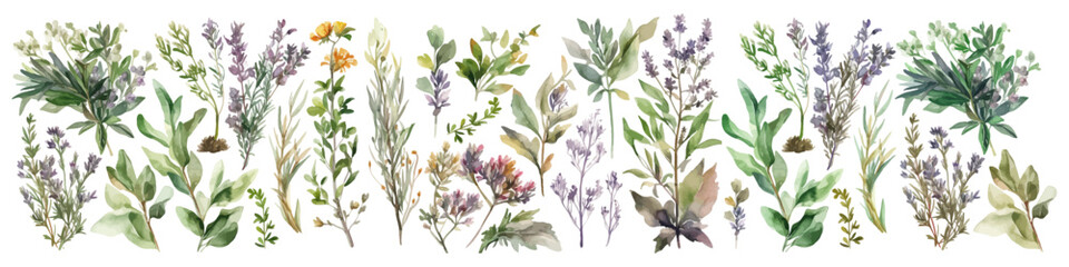 Wall Mural - Watercolor vector leaf and flowers. Floral illustration. Branch collection.