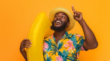 Canvas Print - Man with Inflatable and Straw Hat.