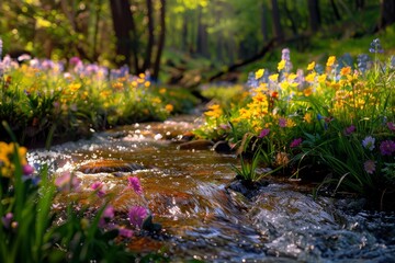 Wall Mural - A crystal-clear mountain stream winding through a lush forest filled with vibrant flowers