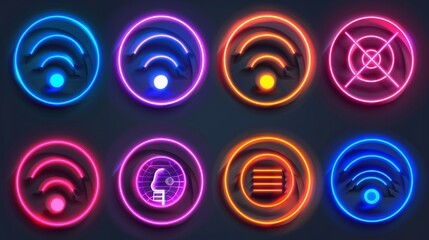 Wall Mural - Wireless Internet or radio icons in neon. Abstract sign of digital sonic technology isolated on transparent background.