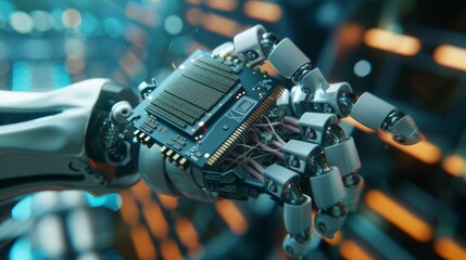 Poster - Animated concept of a high-tech robotic arm holding a computer processor. A CPU microchip digitizes and sends data over the power lines based on computer vision.