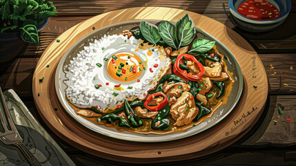 Wall Mural - a depiction of a plate of (Thai basil chicken stir-fry) served on a wooden platter, featuring tender chicken cooked with Thai holy basil, garlic, chili peppers, and fish sauce, served with steamed 