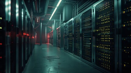 Poster - Server Racks Working in Dark Facility. Concept of Internet of Things, Big Data Protection, Storage, Cryptocurrency Farm, and Cloud Computing. 3D rendering.