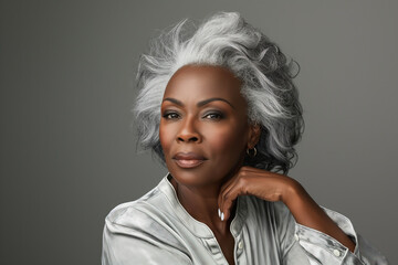 Beautiful senior black woman with gray hair posing in front of gray background