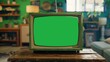 © Антон Сальников - Stunning Closing shot of an old television set with a green screen mock-up showing a chroma key template display. Nostalgic Retro Nineties Technology Concept. A vintage television set displayed in a