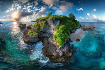 Wall Mural - A 360-degree view of an idyllic island surrounded by crystal-clear blue waters in the ocean