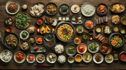 Canvas Print - a depiction of a traditional Korean temple cuisine  spread on a wooden floor, featuring vegetarian dishes like mountain vegetables, tofu, and steamed rice, reflecting the simplicity and mindfulness 