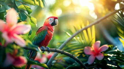 A wild cockatoo parrot sits on a branch of a palm tree. The subject of the photo of a bird in its natural habitat.	