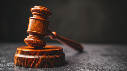 A wooden judge's gavel resting on a sound block on a gray surface with a dark background.