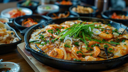 Wall Mural - an image of a seafood pancake (haemul pajeon) sizzling on a cast iron skillet set on a wooden counter, filled with a variety of fresh seafood and scallions, perfect for sharing with friends.
