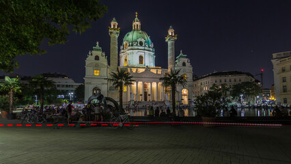 Sticker - Karlskirche on the Karlsplatz square night timelapse hyperlapse in Vienna, Austria.