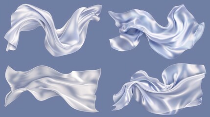 Wall Mural - The ribbon of white silk fabric is flying and waving in the air. A realistic modern illustration of a silk scarf or curtain flowing on a breeze. A breeze blows soft and smooth textile cloth in a