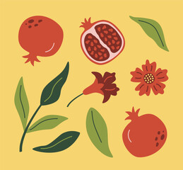 modern abstract illustration pomegranate with leaves, branches and flowers. fruit pattern. vector de