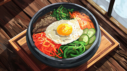 Wall Mural - a depiction of a bibimbap (mixed rice bowl) served in a stone pot on a wooden tray, featuring a colorful arrangement of vegetables, bulgogi beef, a fried egg, and spicy gochujang sauce.