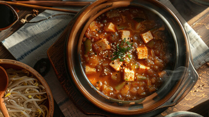 Canvas Print - a depiction of a hearty bowl of (soybean paste stew) served in a clay pot on a wooden table, filled with tofu, vegetables, and savory broth, offering comfort and warmth on a chilly day.