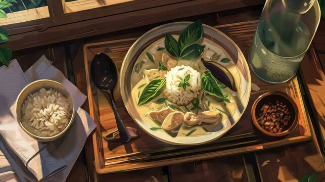 a depiction of a fragrant plate of Green Curry served on a wooden tray, featuring tender chicken or tofu simmered in a creamy coconut sauce with Thai eggplant, bamboo shoots, and fresh basil leaves.